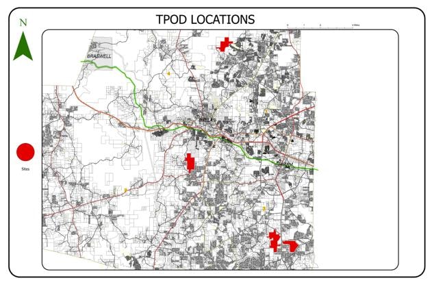 TPOD Locations map showing proposed data center sites marked in red across Paulding County, Georgia